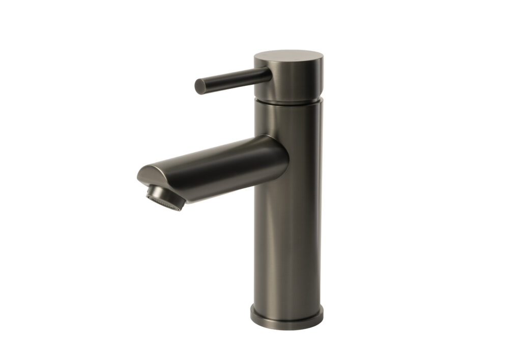 Gun metal wastafelkraan met rechte uitloop en cilindervormig design