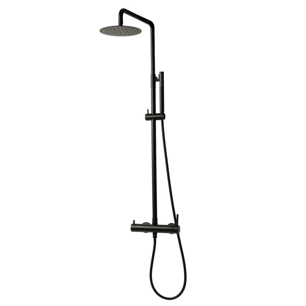 Sani & Co Pure opbouw regendoucheset in mat zwart met ronde 20 cm hoofddouche en handdouche