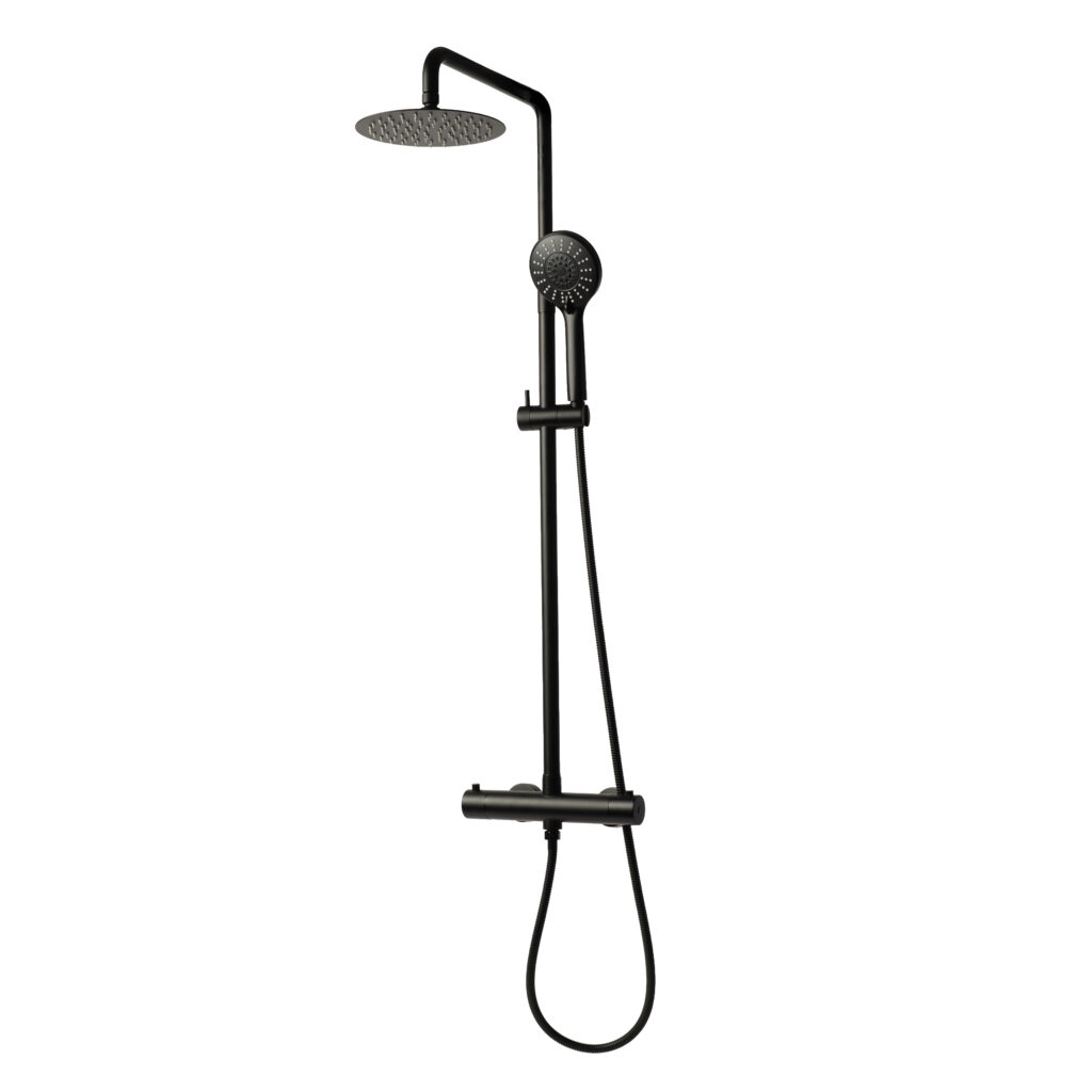 Sani & Co Sense thermostatische opbouw regendoucheset in mat zwart met ronde 20 cm hoofddouche en ronde handdouche