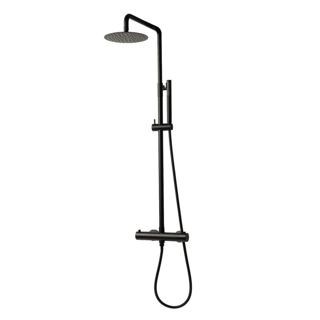 Sani & Co Sense thermostatische opbouw regendoucheset in mat zwart met ronde 20 cm hoofddouche en staafhanddouche