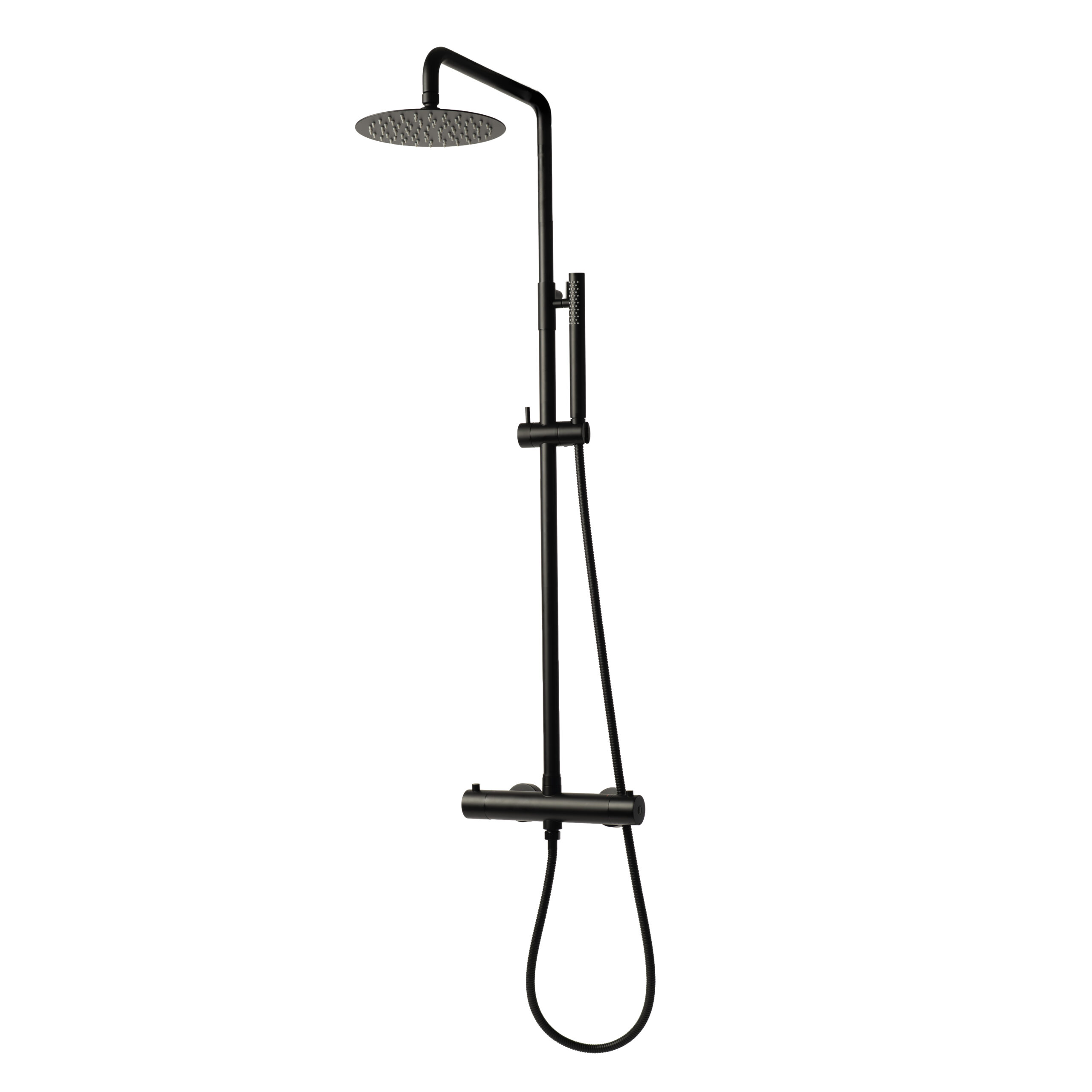 Sani & Co Sense Thermostatische Regendoucheset Mat Zwart 20 cm Sani & Co Sense thermostatische opbouw regendoucheset in mat zwart met ronde 20 cm hoofddouche en staafhanddouche