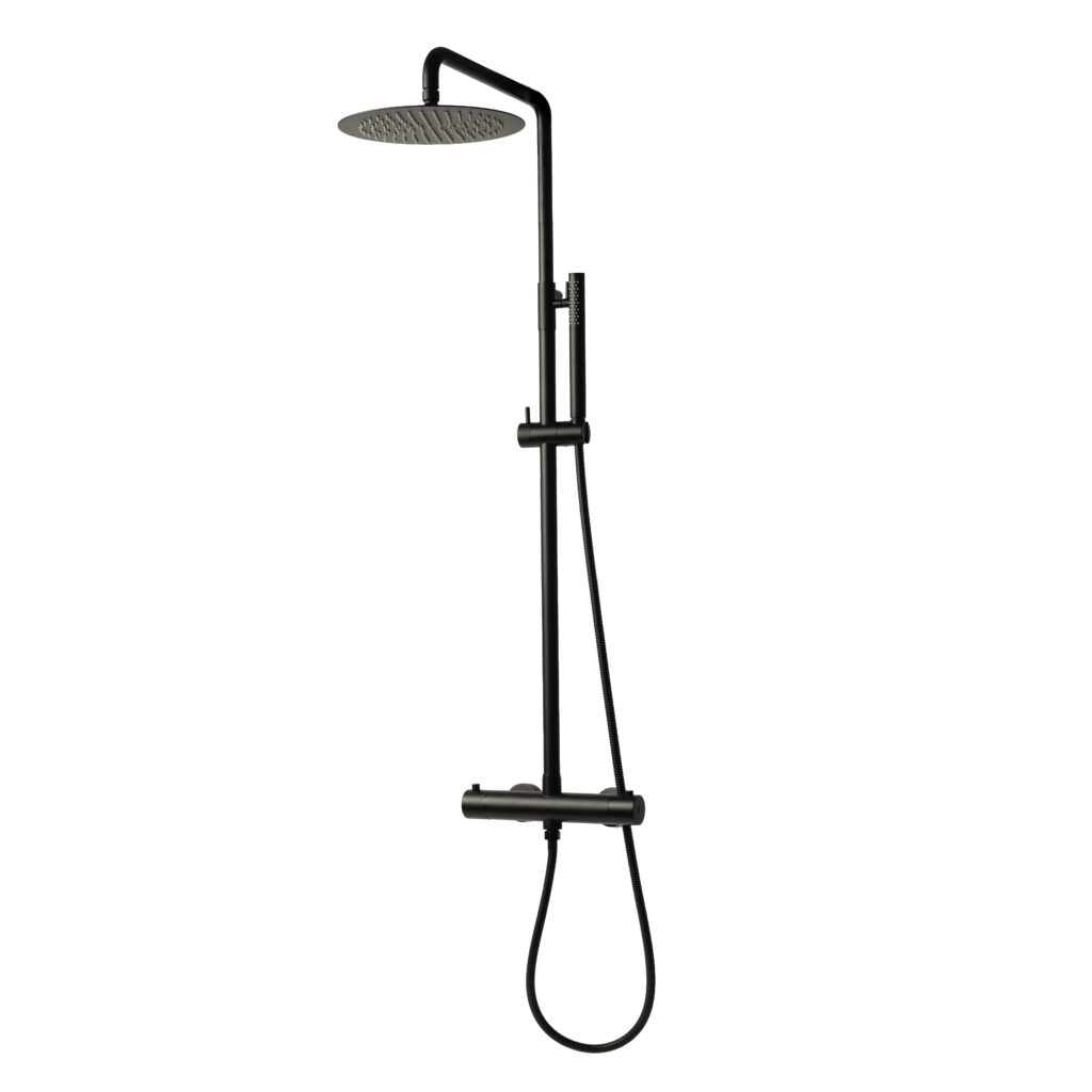 Sani & Co Sense thermostatische opbouw regendoucheset in mat zwart met 25 cm hoofddouche en staafhanddouche