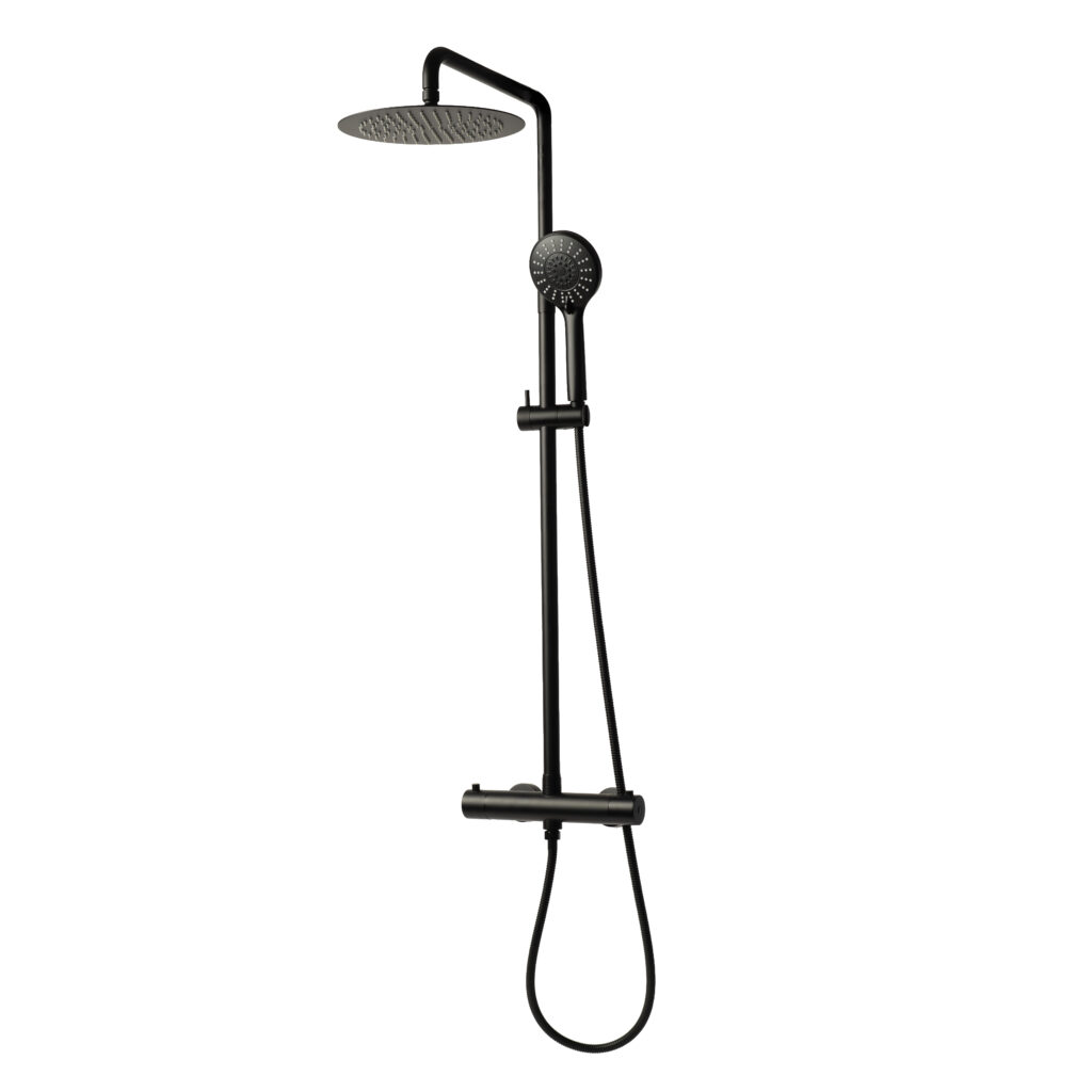 Sani & Co Sense thermostatische opbouw regendoucheset in mat zwart met ronde 25 cm hoofddouche en ronde handdouche