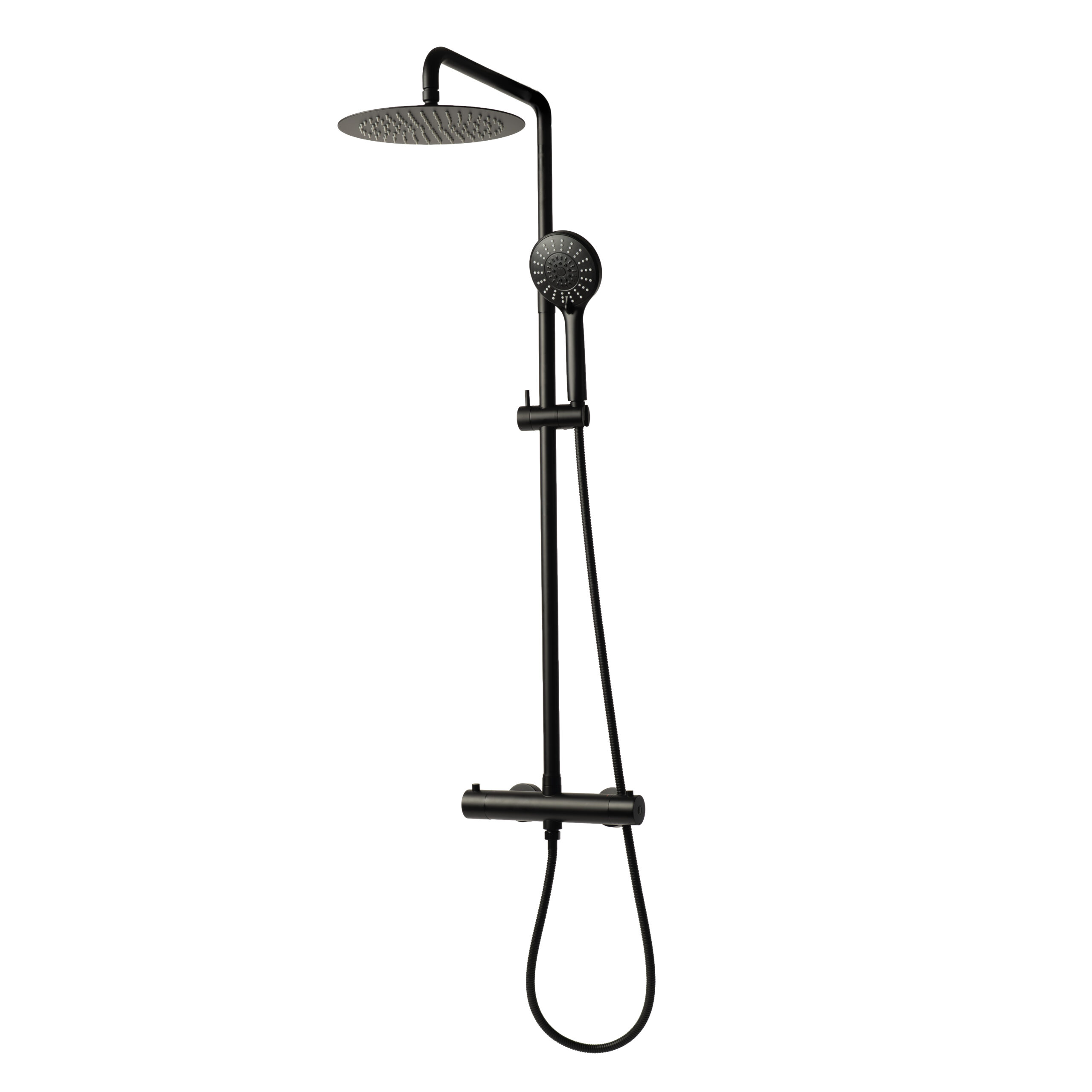 Sani & Co Sense Thermostatische Regendoucheset Mat Zwart 25 cm Rond Sani & Co Sense thermostatische opbouw regendoucheset in mat zwart met ronde 25 cm hoofddouche en ronde handdouche