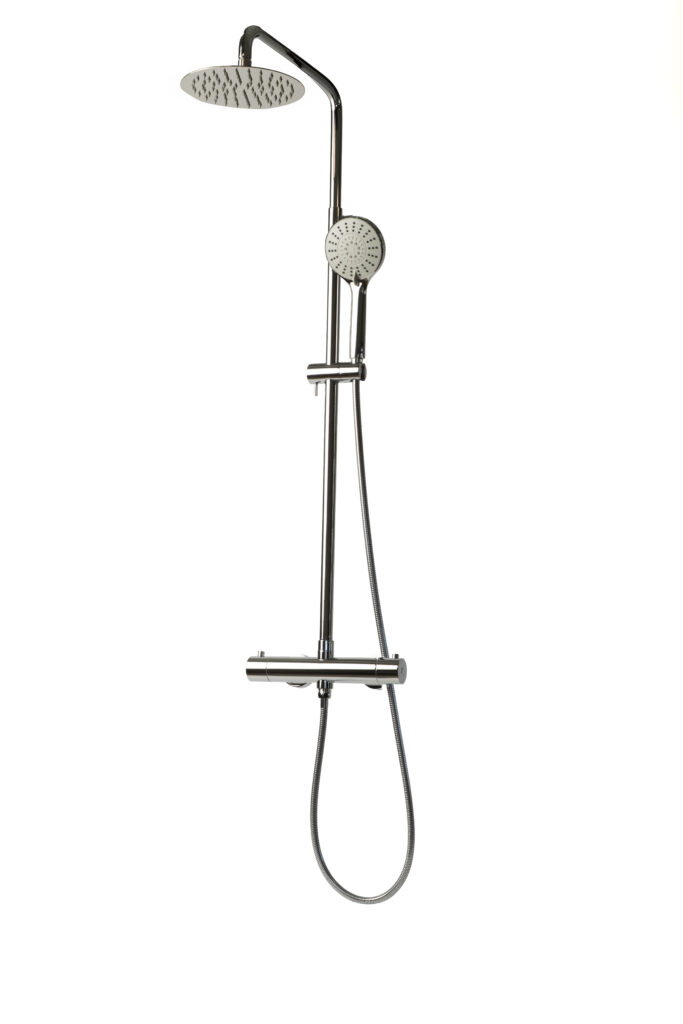 Chromen regendouche met ronde handdouche en thermostatische kraan
