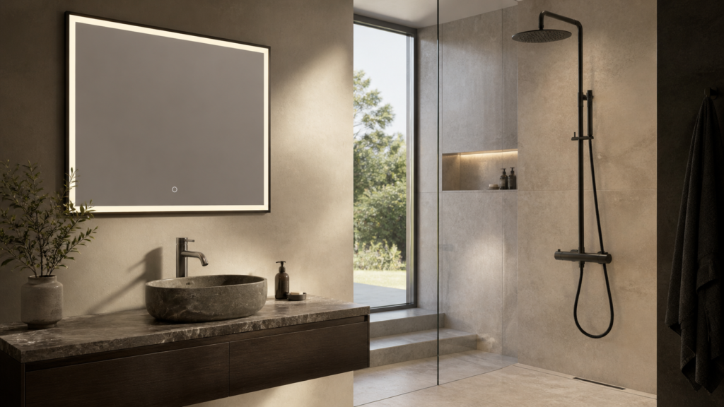 Moderne badkamer met verlichte spiegel, wastafel en zwarte regendouche